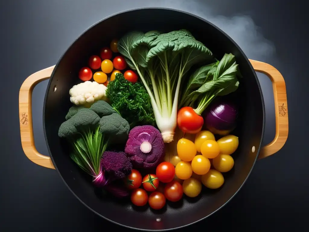 Colorida variedad de verduras al vapor en bambú con gotas de agua, ideal para recetas veganas al vapor temporada