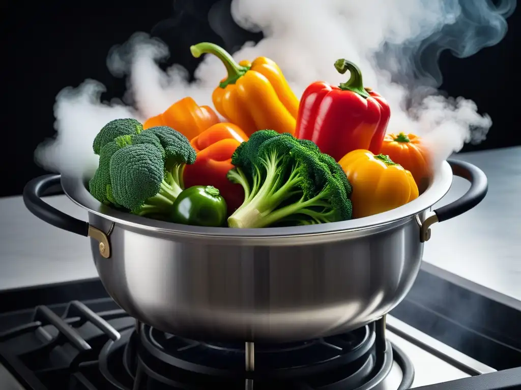 Una colorida variedad de verduras al vapor en cesta de acero inoxidable, con condensación en la tapa