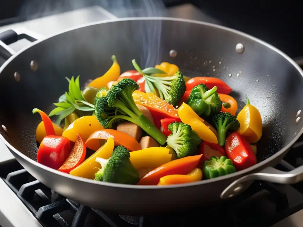 Una colorida y vibrante mezcla de verduras salteadas en un wok, mostrando la frescura y variedad de ingredientes en un plato vegano