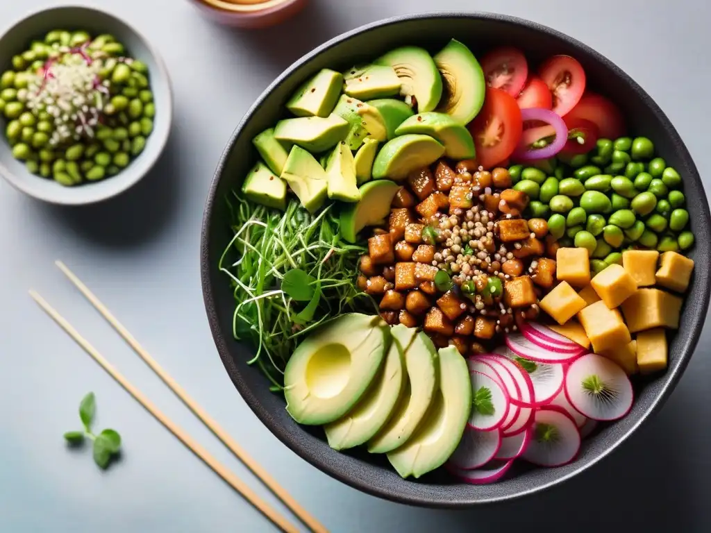 Una colorida vista aérea de un bowl vegano en una mesa de madera, con ingredientes frescos y vibrantes