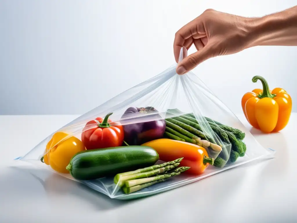 Coloridas verduras frescas listas para cocinarse sous vide en bolsa sellada al vacío