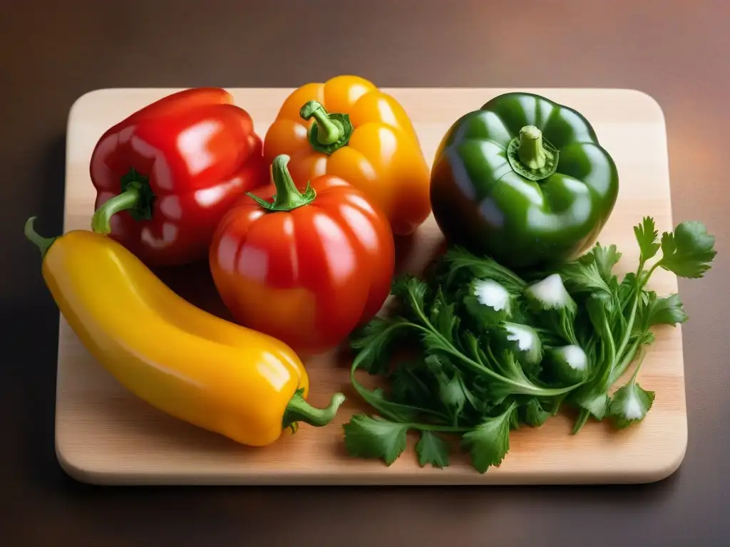 Coloridas verduras recién cortadas brillando con gotas de agua en tabla moderna