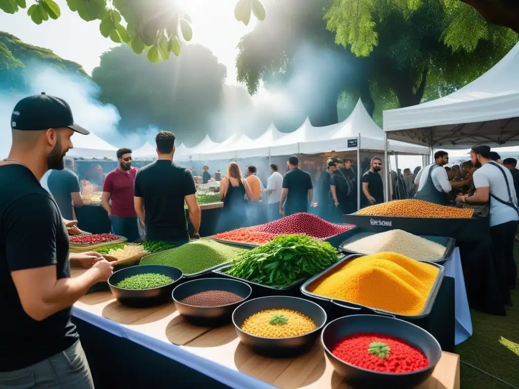 Colorido festival de comida vegana alrededor del mundo, con platos y chefs de diferentes culturas