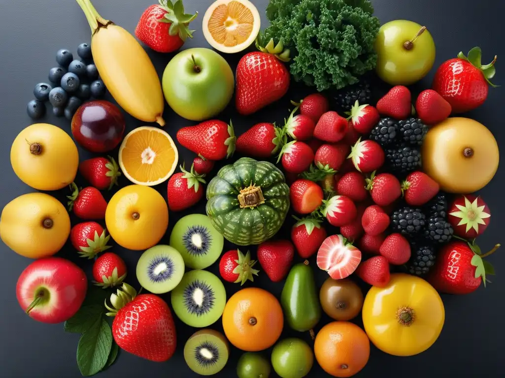 Un colorido y fresco collage de frutas y verduras en un moderno mostrador de cocina