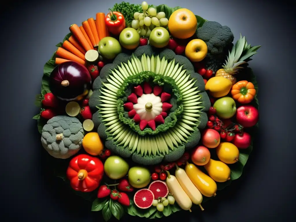 Un mandala colorido de frutas y verduras, beneficios antinutrientes alimentación vegana