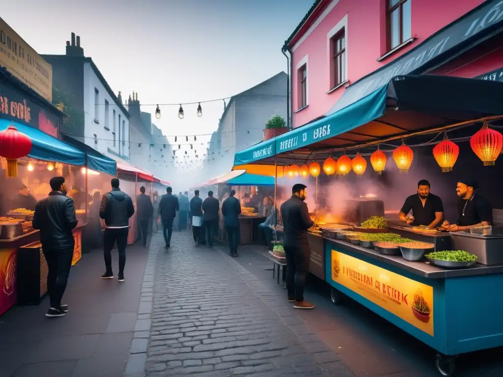 Colorido mercado callejero con puestos de comida vegana y vendedores añadiendo ingredientes a los platos