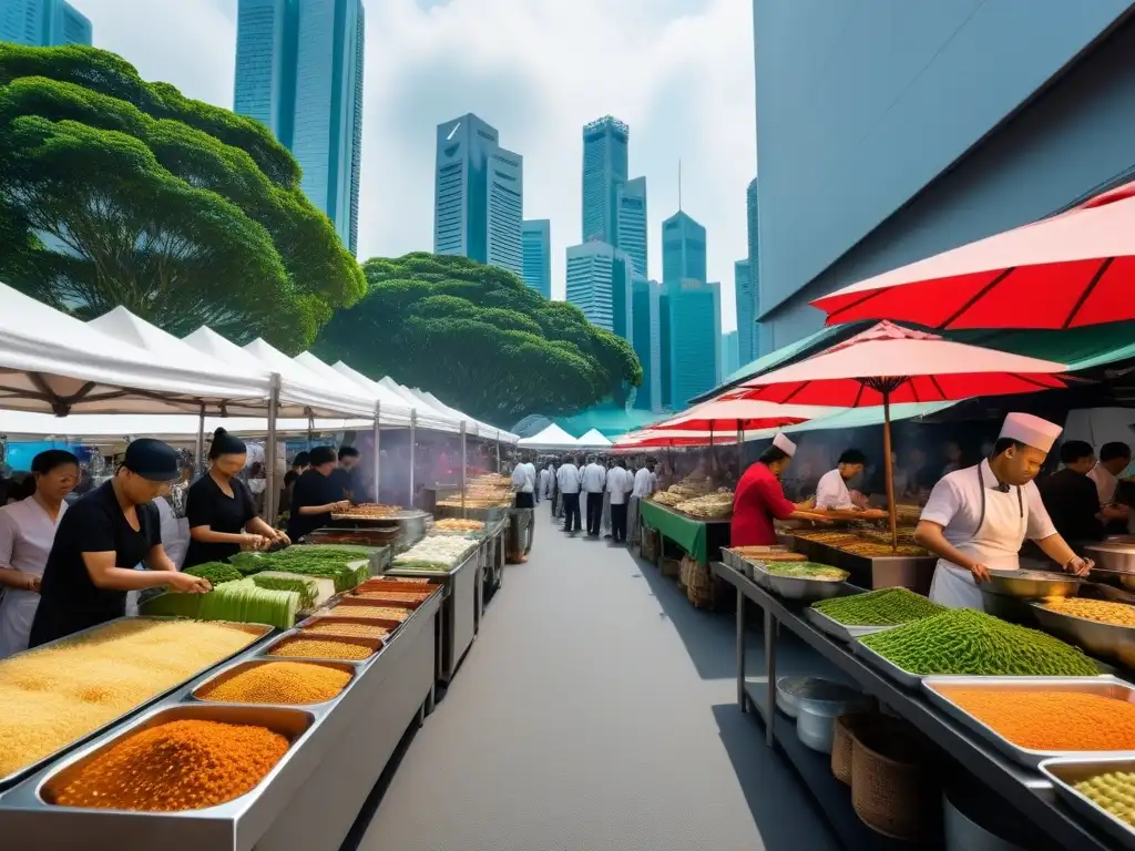 En un colorido mercado vegano en Singapur, un chef prepara platos veganos tradicionales