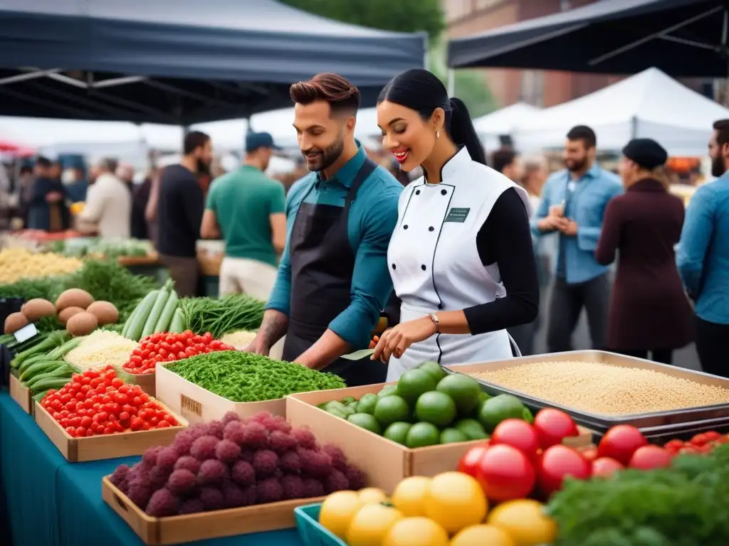 Un colorido mercado agrícola lleno de vida, donde la comunidad vegana se reúne para intercambiar ideas y sabores