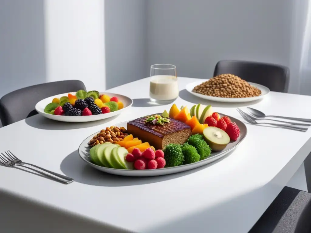 Combinación de alimentos veganos saludables en elegante mesa minimalista