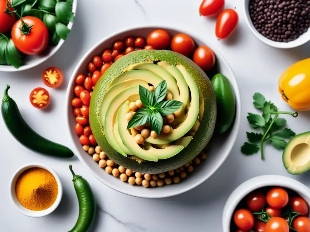 Una combinación artística de ingredientes veganos internacionales fusionados en un elegante mostrador de mármol, iluminados suavemente