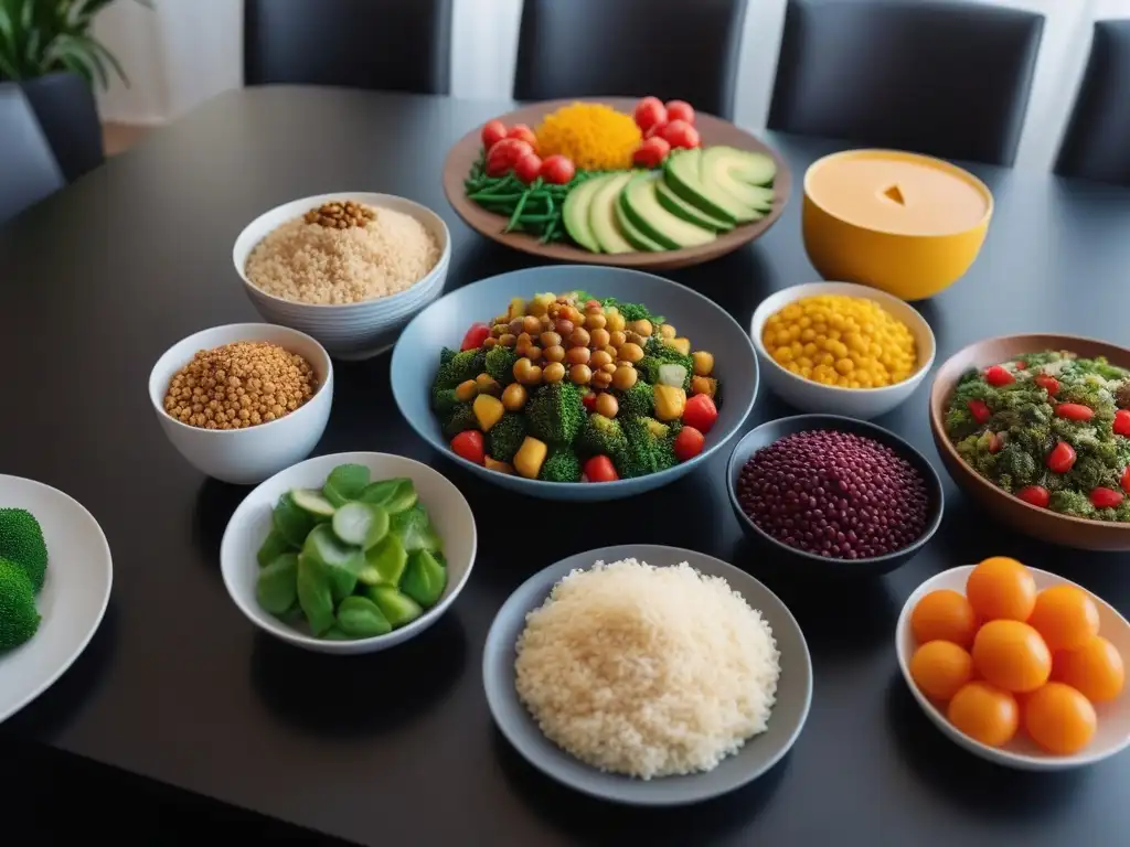 Una comida vegana completa y colorida en una mesa moderna