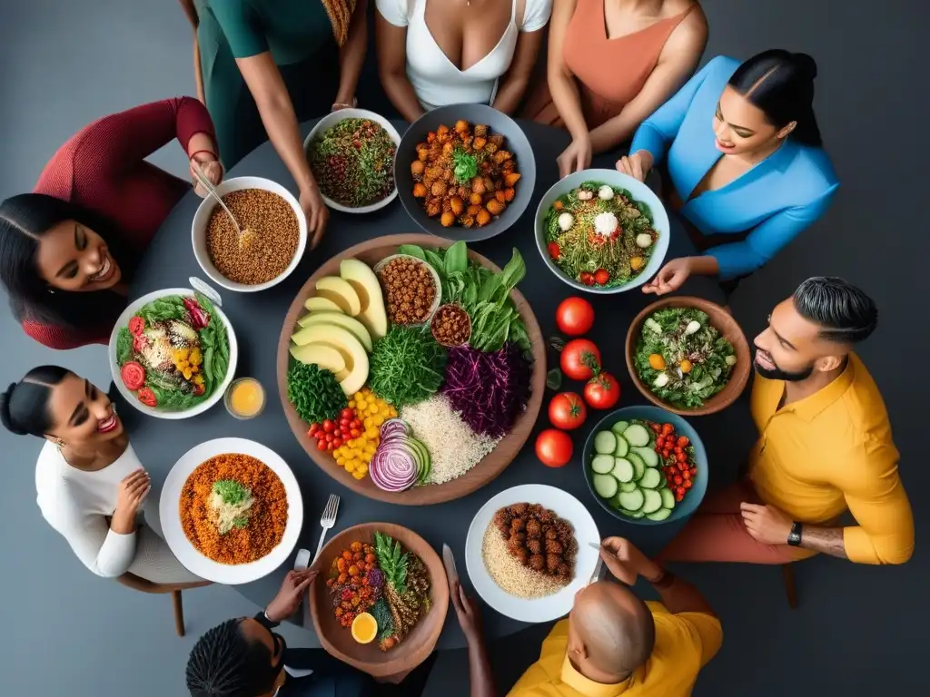 Una comida vegana diversa y colorida, mostrando la inclusividad y delicias de la dieta vegana