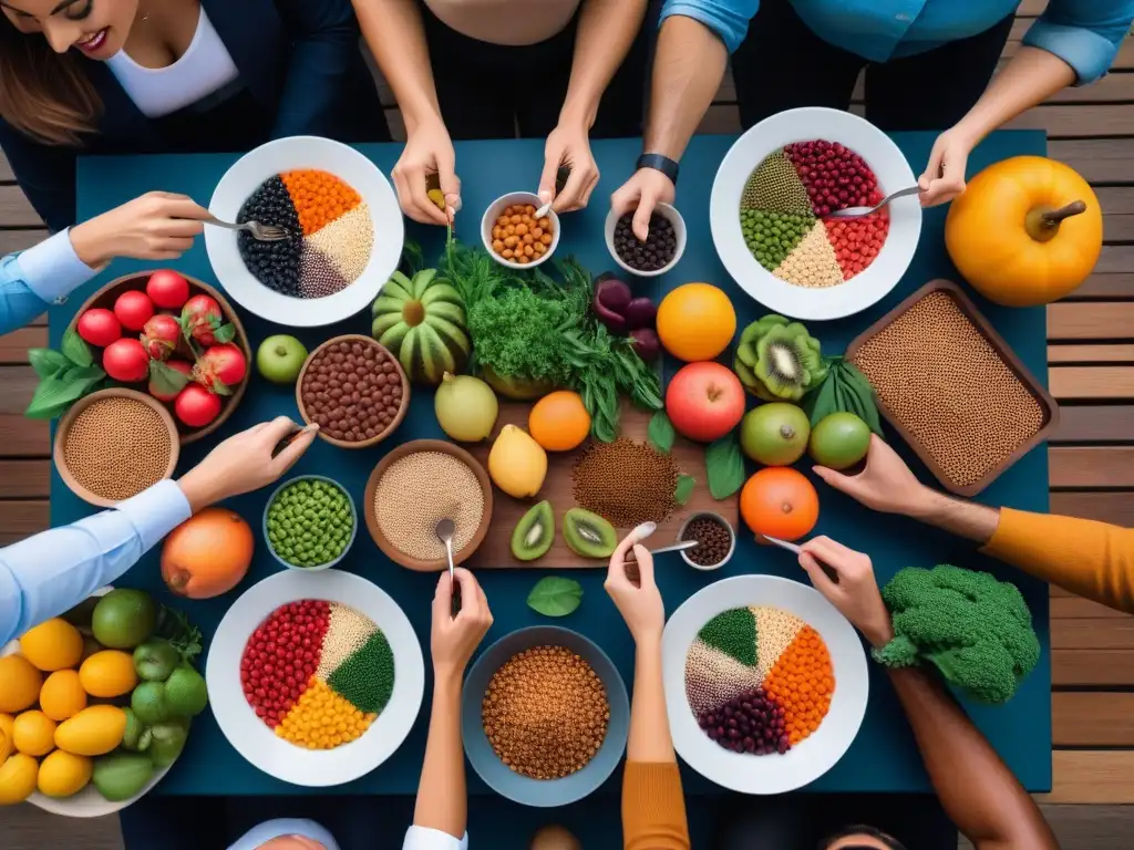 Una comida vegana rica y colorida que refleja la vitalidad y la comunidad, mostrando variedad de alimentos