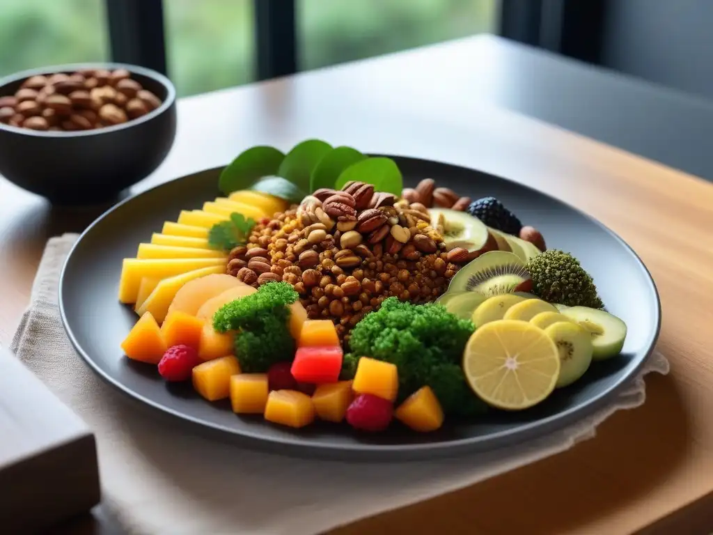 Una comida vegana vibrante y detallada en mesa de madera, con luz natural