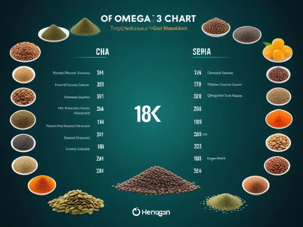 Comparativa visual de las mejores fuentes omega 3 vegano: chía, linaza, cáñamo, nueces y algas, en un diseño moderno y colorido