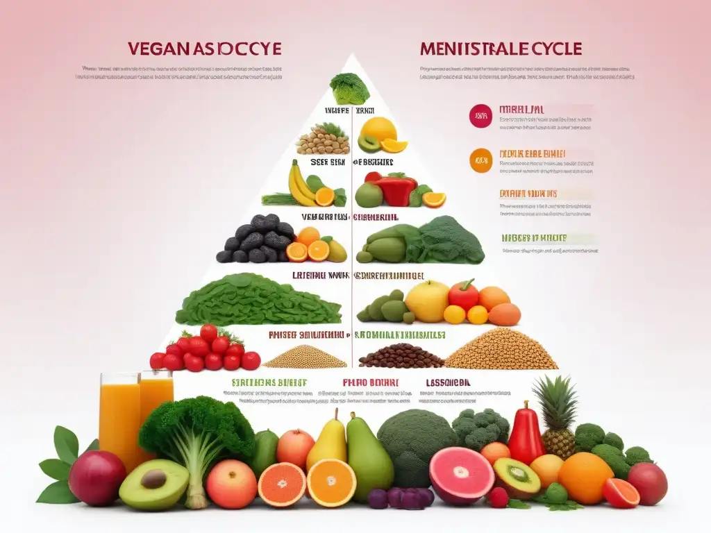 Completa ilustración sobre la relación entre la dieta vegana y el ciclo menstrual, con fases y alimentos coloridos