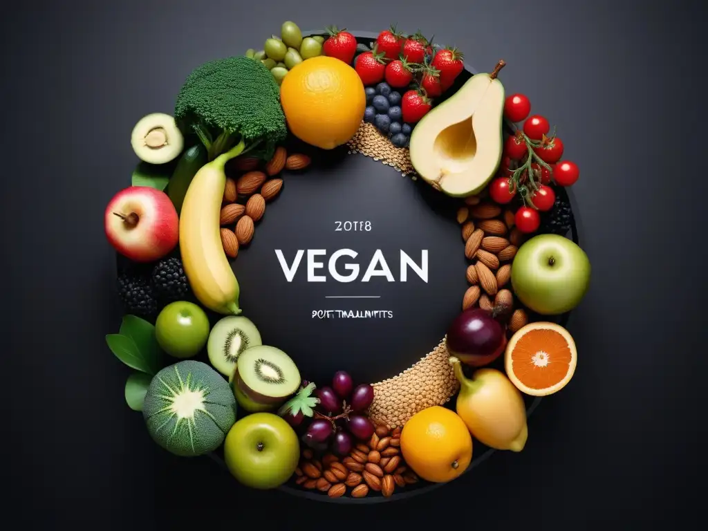 Una composición circular de alimentos veganos frescos y coloridos, simbolizando la interconexión y sostenibilidad