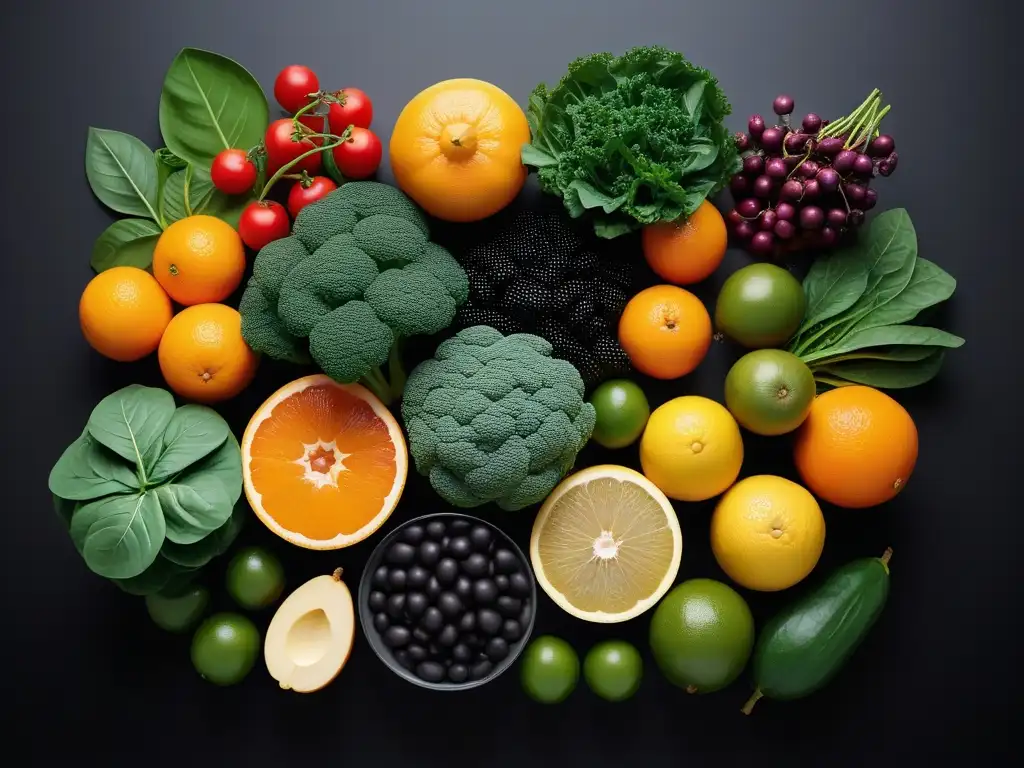 Una composición armoniosa de fuentes veganas de ácido fólico: frutas y verduras coloridas y frescas