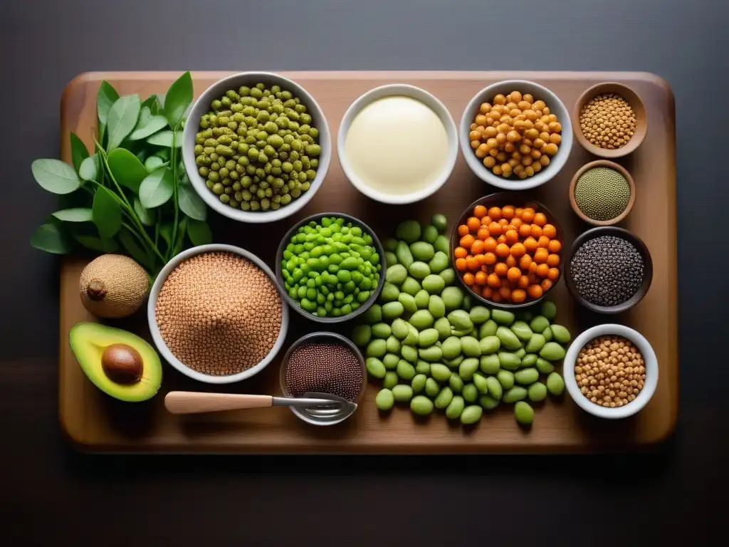 Una composición armoniosa de proteínas veganas equilibradas, con quinoa, lentejas, tofu y más, dispuestas sobre tabla de madera