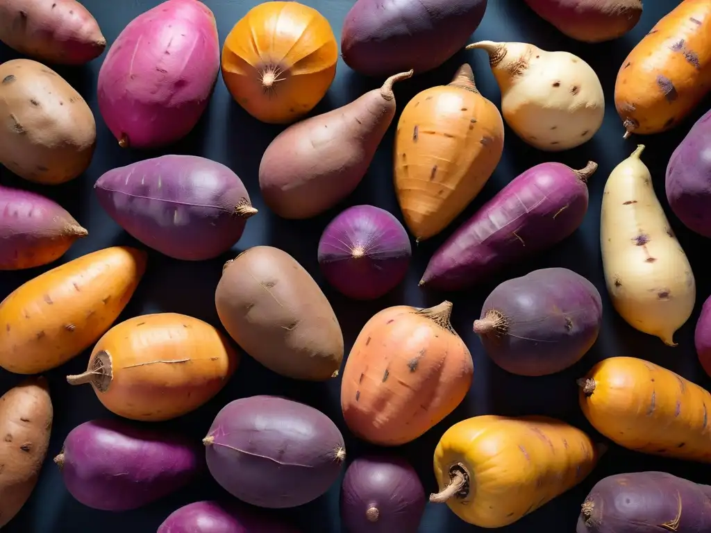 Una composición artística de batatas coloridas resalta los beneficios de este superalimento vegano