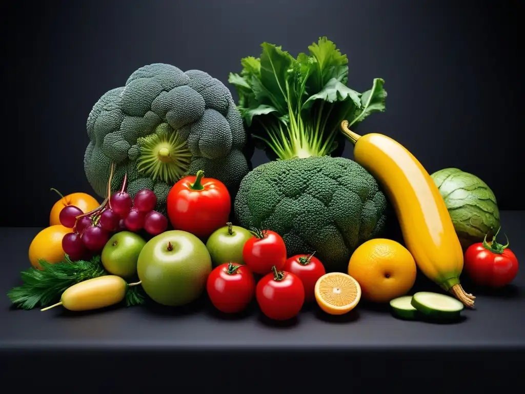 Una composición artística de frutas y verduras vibrantes que simbolizan una dieta vegana equilibrada y nutritiva