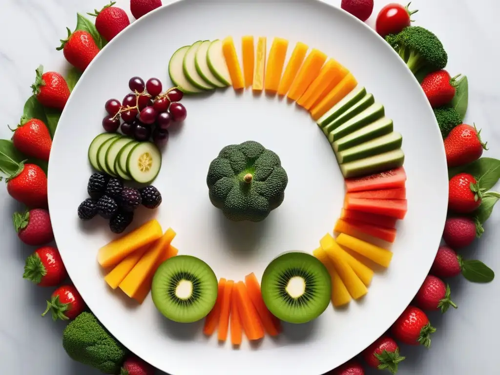 Una composición artística de frutas y verduras frescas en un plato blanco, reflejando la tendencia de la cocina vegana cruda