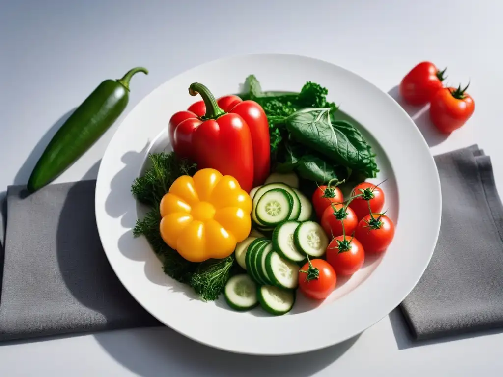 Una composición artística de fuentes proteínas veganas equilibradas en un plato blanco con verduras coloridas y variadas