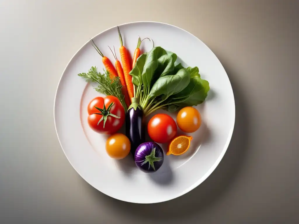 Una composición artística de ingredientes frescos y vibrantes en plato blanco, destacando la conservación natural en cocina vegana