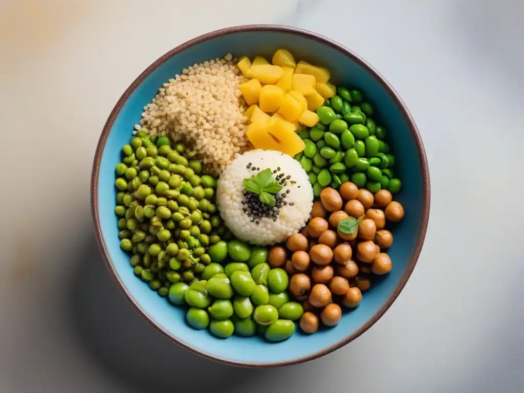 Una composición artística de proteínas veganas de alta calidad como tofu, quinua, chía, lentejas y edamame, resaltando su diversidad y belleza natural