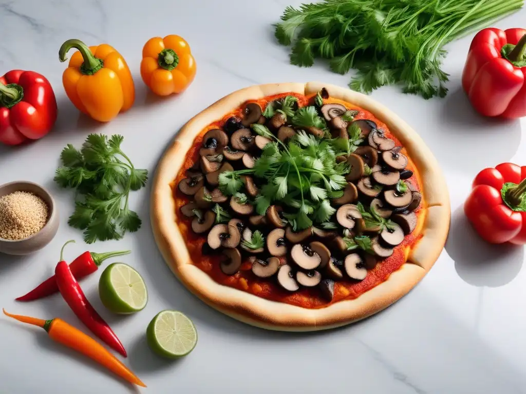 Una composición visualmente atractiva de ingredientes frescos para una pizza vegana con sabores asiáticos en una elegante encimera de mármol