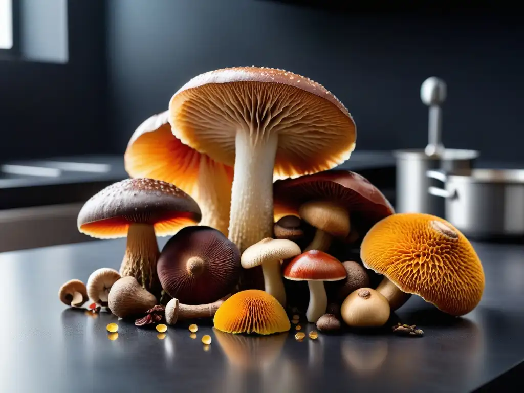 Una composición colorida de hongos medicinales como reishi, melena de león y shiitake en una encimera de cocina moderna