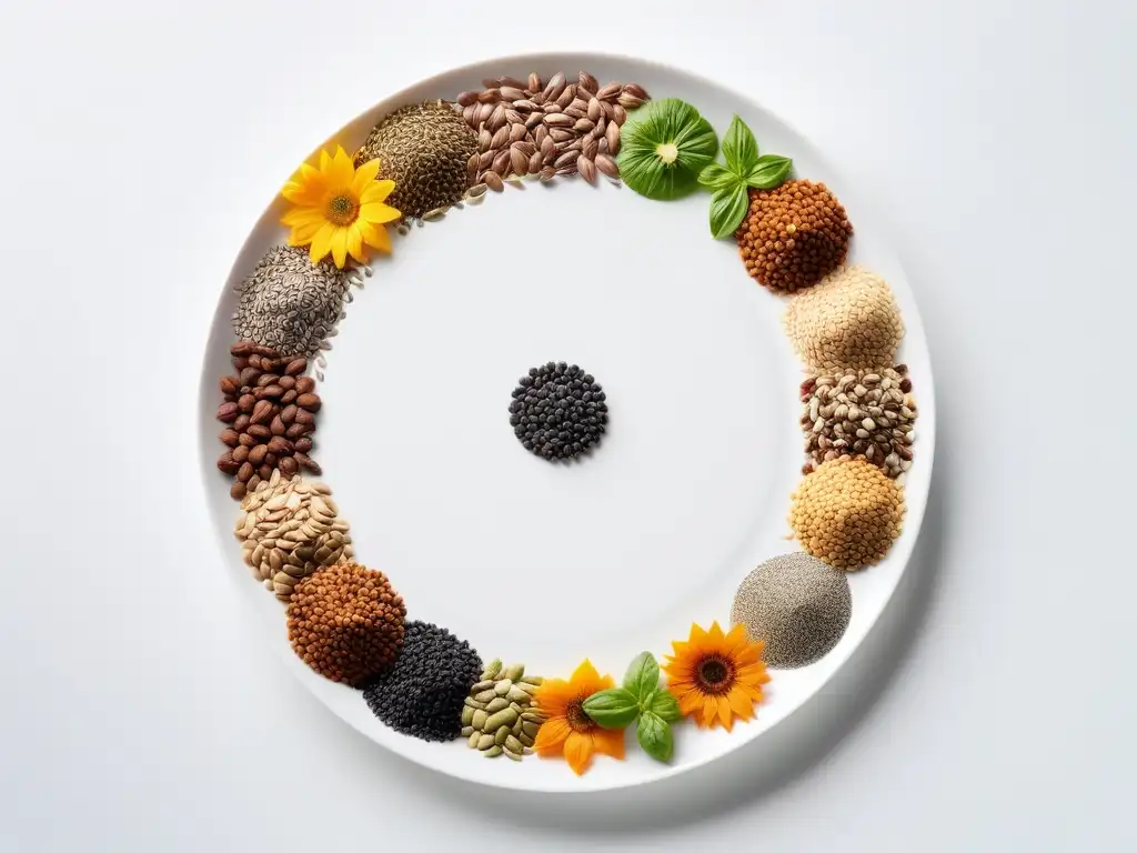 Una composición delicada de semillas clave para dieta vegana, con chía, lino, calabaza y girasol en un plato blanco moderno