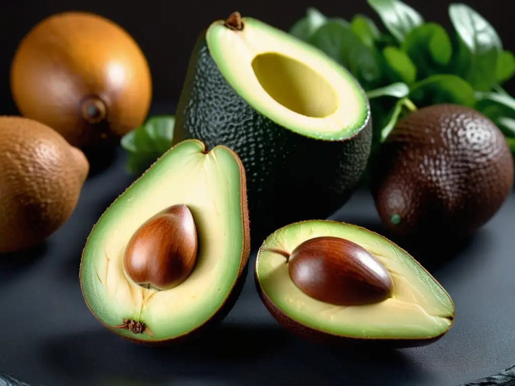 Una composición detallada de alimentos veganos ricos en vitaminas, como aguacates, almendras, espinacas y kiwi, dispuestos en un elegante fondo negro