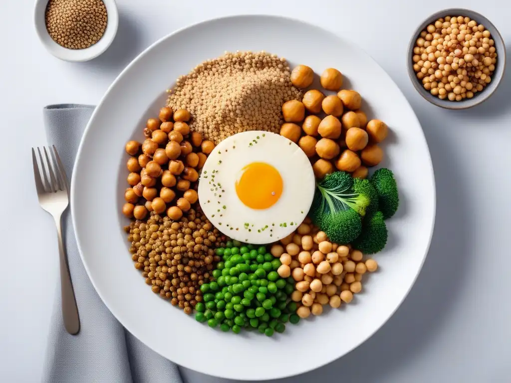 Una composición detallada de proteínas en dieta vegana completa: tofu, quinoa, lentejas, garbanzos, nueces y semillas en un plato blanco moderno