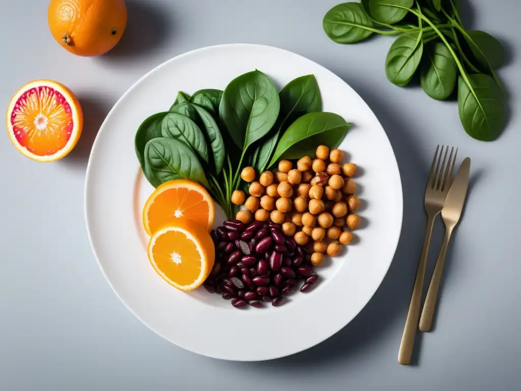 Una composición elegante de alimentos ricos en hierro en un plato blanco, rodeado de espinacas, frijoles y naranjas