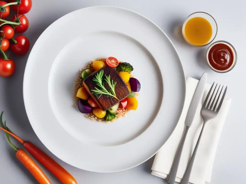 Una composición elegante de gastronomía vegana y minimalismo: plato blanco con verduras coloridas y salsa, en una cocina luminosa