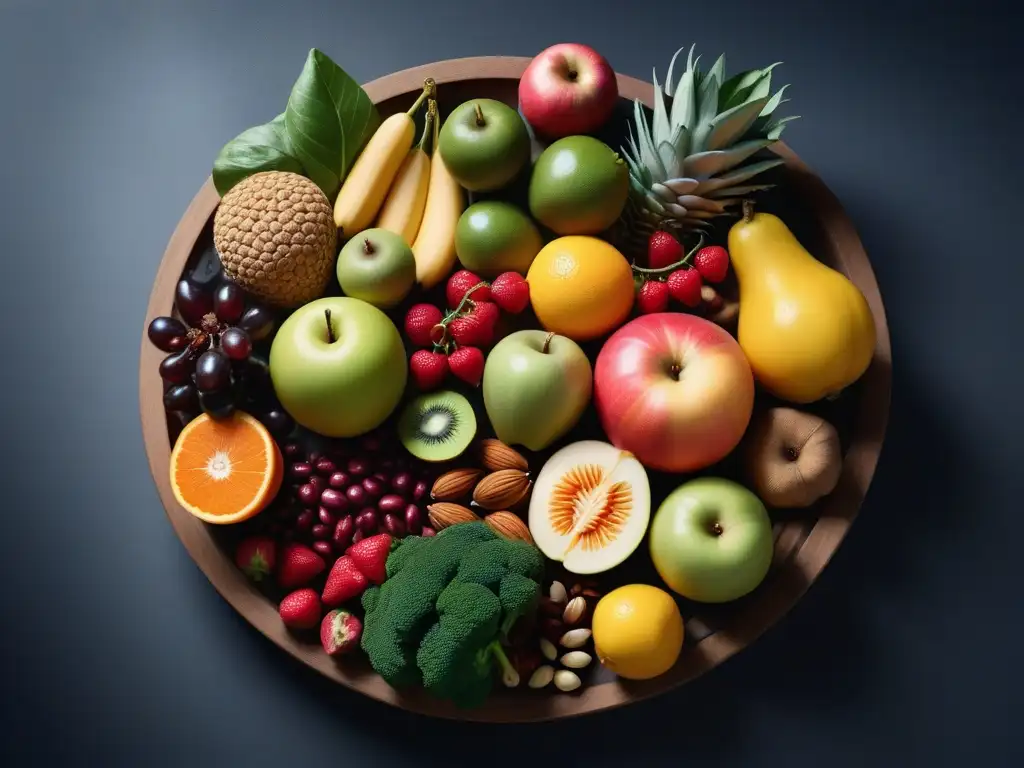 Una composición equilibrada y colorida de frutas, verduras, frutos secos y granos frescos