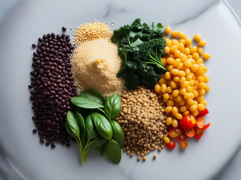 Una composición equilibrada de fuentes de proteínas veganas en una cocina moderna y vibrante