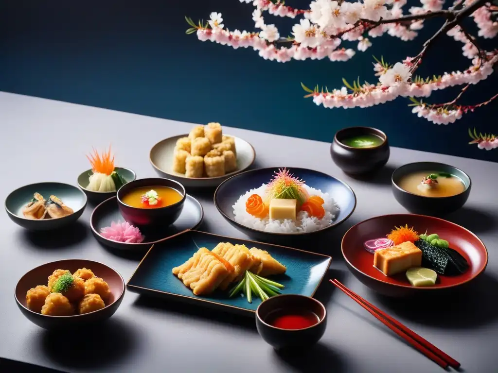 Una composición visualmente exquisita que representa la gastronomía vegana en Japón tradicional