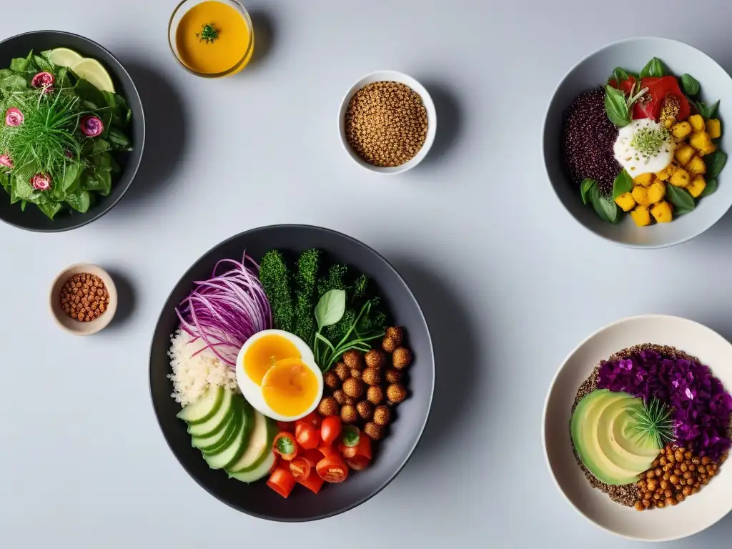 Una composición exquisita de platos veganos saludables, llenos de color y frescura, presentados con creatividad y detalle en un ambiente minimalista