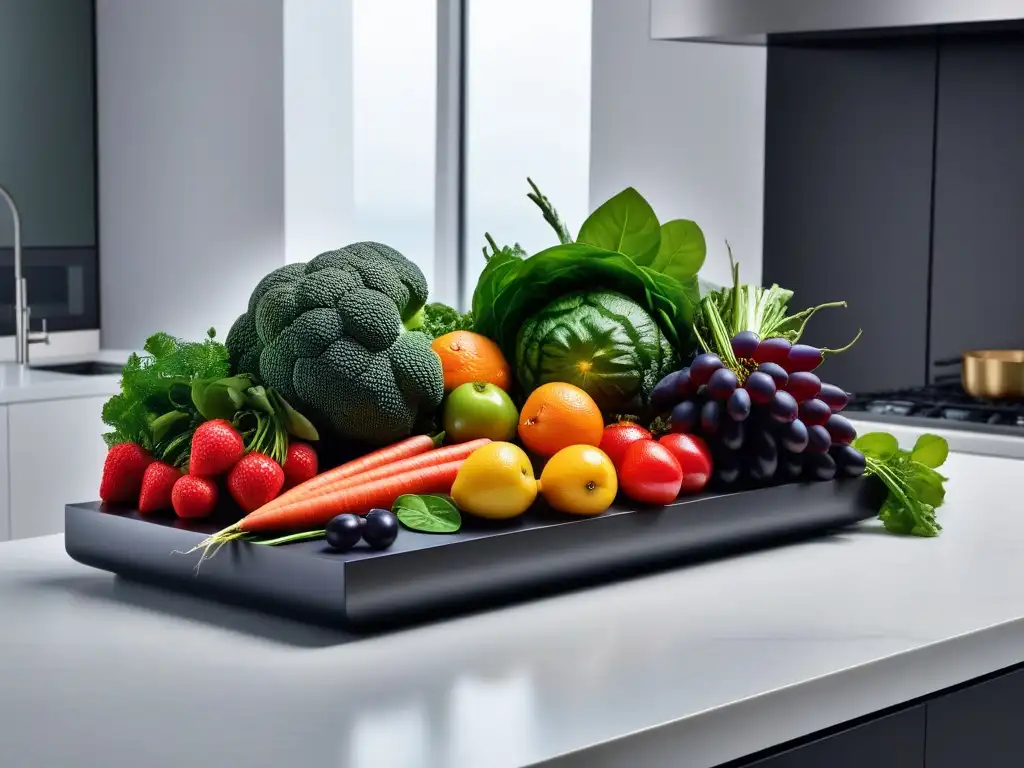 Una composición fresca y colorida de frutas y verduras en una cocina minimalista