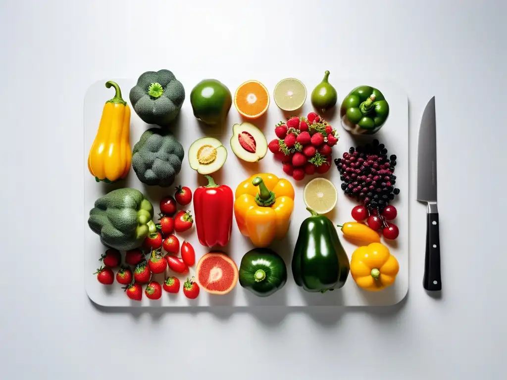 Una composición fresca y colorida de vegetales y frutas en una tabla blanca