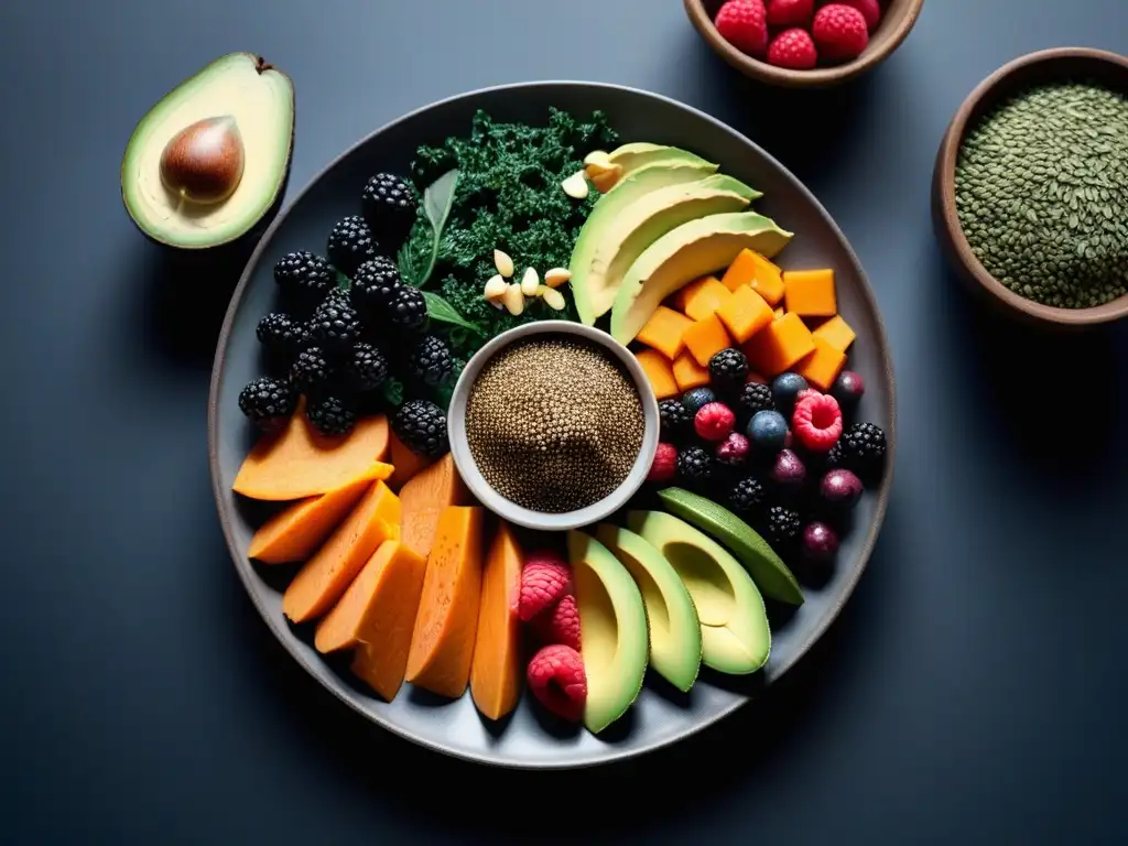 Composición de superalimentos veganos: frescura y color Una composición fresca y saludable de superalimentos veganos en un plato moderno, ideal para cenas veganas con superalimentos