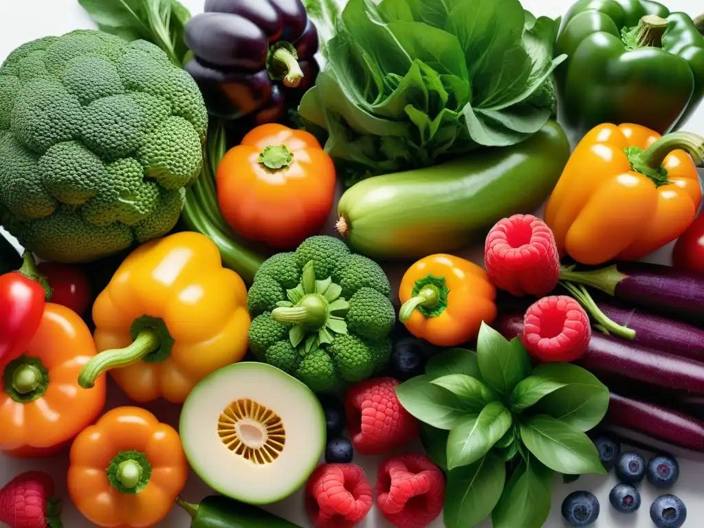 Una composición hermosa de frutas y verduras frescas, resaltando colores vibrantes