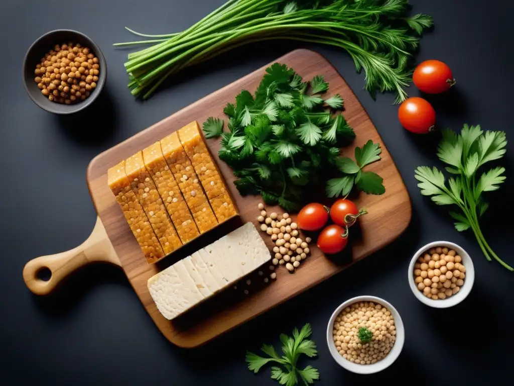 Una composición hermosa de ingredientes para hacer tempeh en tabla de madera