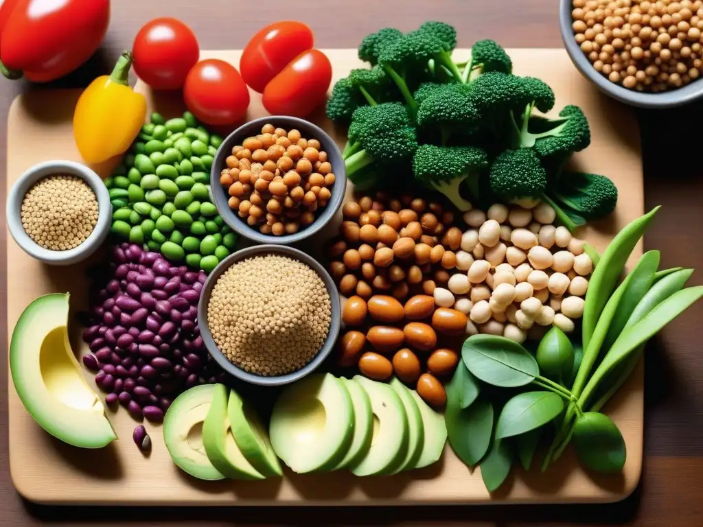 Una composición hermosa de proteínas vegetales sin carne en un tablero de madera moderno