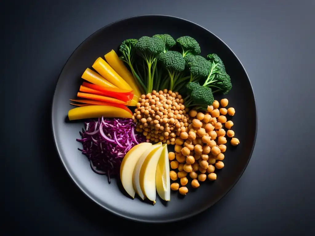 Una composición hermosa de vegetales coloridos ricos en zinc en un plato negro moderno