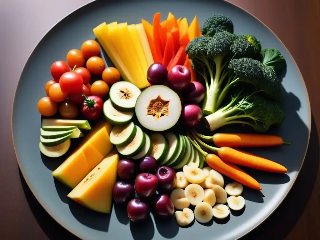 Una composición visualmente impactante de frutas y verduras cocinadas a baja temperatura, resaltando colores y texturas naturales