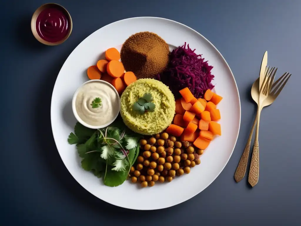 Una composición visualmente impactante de una innovadora cocina vegana etíope, con plato blanco minimalista y coloridos platillos