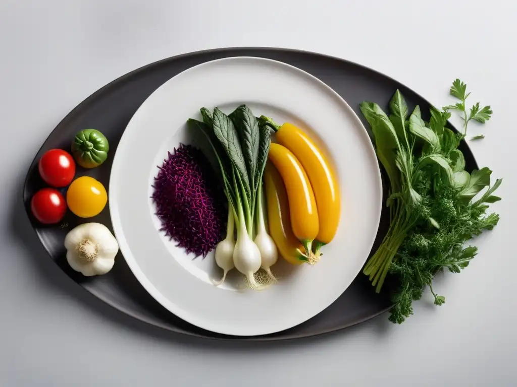 Una composición visualmente llamativa de vegetales y hierbas orgánicas frescas, dispuestas artísticamente en un plato blanco minimalista